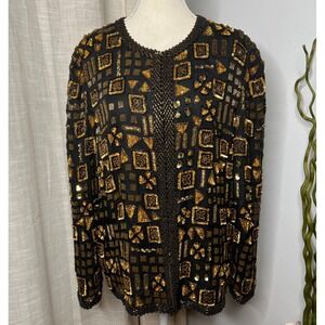 Vintage Laurence Kazar Silk Beaded Sequin Embellished Jacket Black Gold LARGE